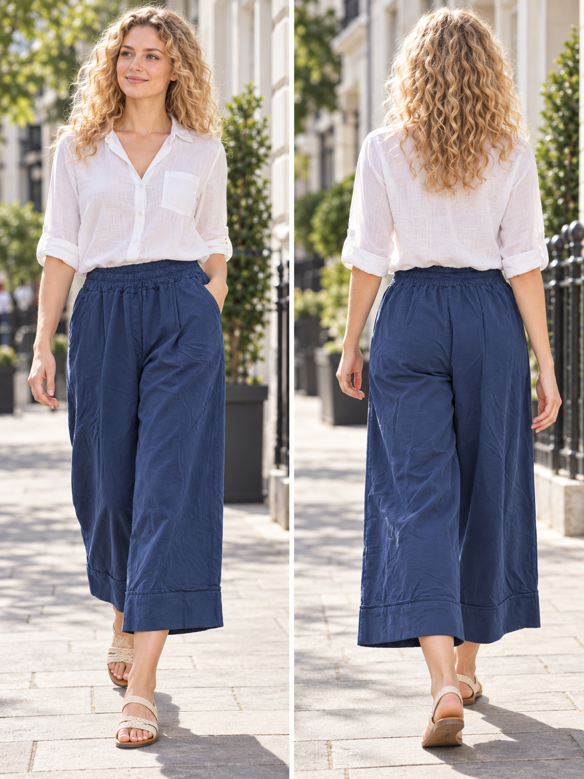 Italian Cotton Corduroy Wide Leg Culottes Pocket Trousers - Royal Blue