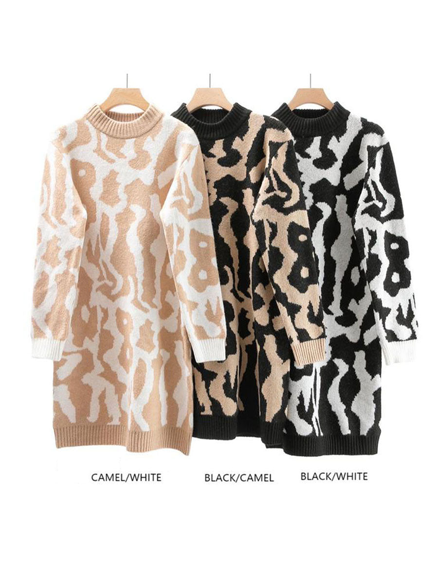 Italian Wool Mix Animal Printed Knitted Jumper Dress - Camel/White